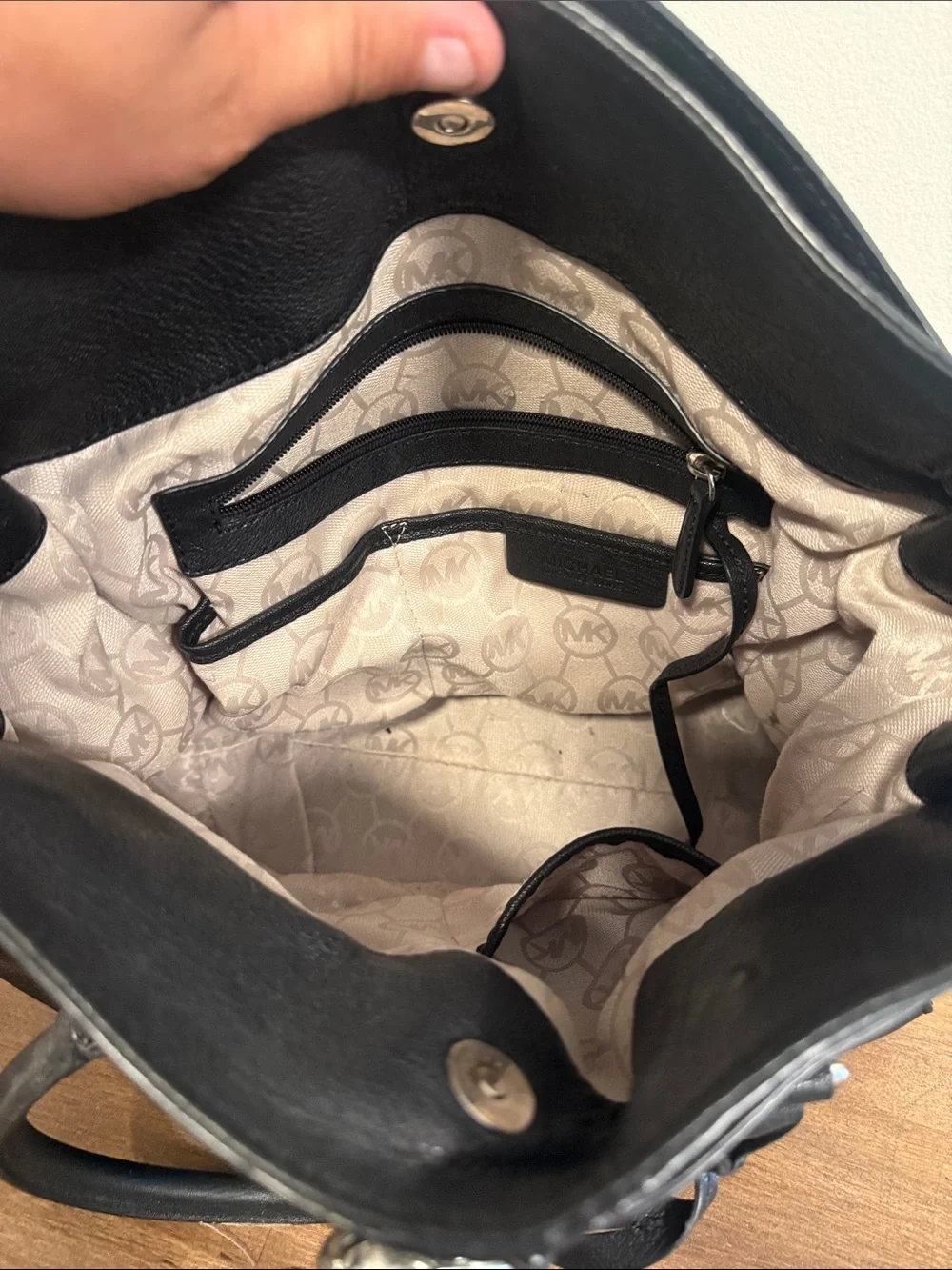 Michael Kors Black Leather Shoulder Tote with Silver Chain Accent
